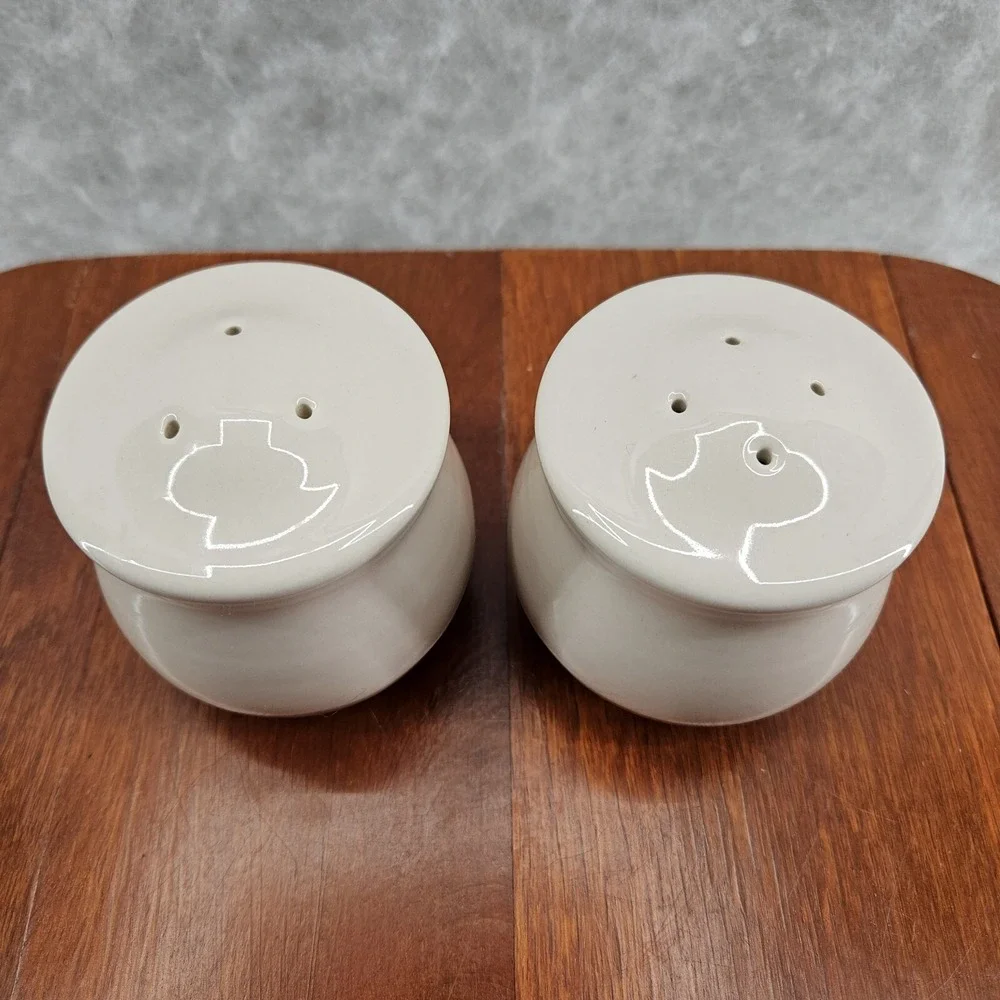 Pfaltzgraff Aura Salt Pepper Set USA Made Cream W/Pink Blue Band 90s Vtg Retired
